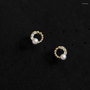 Studörhängen pärla för kvinnor 925 sterling silver asymmetrisk zirkon små runda pärlor enkla vardagsmycken