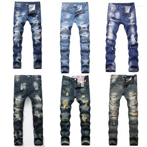 Męskie jeansy Męskie niebieskie, dopasowane, rozciągliwe, zniszczone, poszarpane, obcisłe spodnie dżinsowe w paski