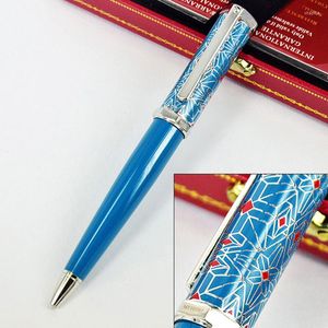 Luxury Red Rhombus Net Pattern Ballpoint Pen Dumont de CT Hepagon Blue / Green Barrel Silver Trim med serienummer