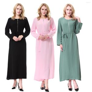 Ethnic Clothing Women's Muslim Solid Color Round Neck Front Zip Islamic Maxi Dress Abaya Saudi Arab Lady Long Sleeves Thobe Female Wear