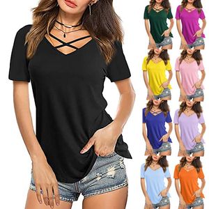 Kadın Tişörtleri Seksi Ön Çapraz V Boyun Kısa Kollu T-Shirts Kadın Yaz Gevşek Tee Gömlek Bayanlar Düz Renk Pamuk Pozus Poyester Spandex Üstler