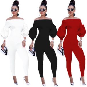 2024 Designer Sexig Off Shoulder Jumpsuits Kvinnor Enstycken Solid Lantern Sleeve Club Overalls Elegant BodyCon Lady Romper Pants Wholesale Fall Winter Clothes 8816