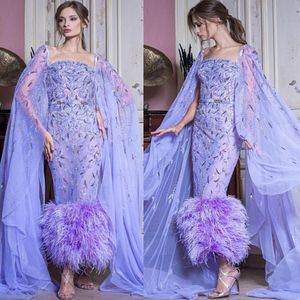 Arabic Aso Ebi Lavender Mermaid Prom Adbites perline Cristalli Feather Evening Formale Reception Basched Weight Gowns Dress Abito ZJ203 407