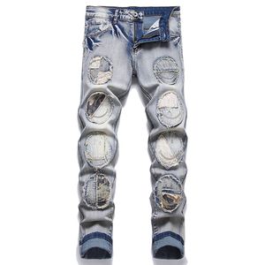 Retro Slim Stretch Men's Jeans Punk Ripped Patch Daily Streetwear Casual Collage Denim Pants Ejressade byxor Pantalones Para Hombre Vaqueros