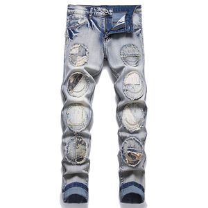 Jeans da uomo elasticizzati retrò slim punk toppe strappate streetwear quotidiano pantaloni casual in denim collage pantaloni effetto consumato pantalones para hombre vaqueros