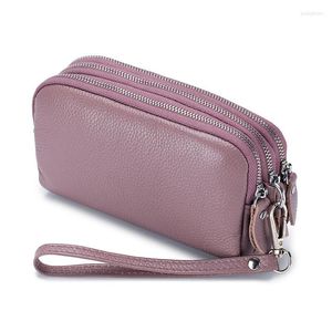Wallets Genuine Leather Female Wallet Cowhide Coin Purse Three Layers Zipper Purses Big Capacity Lady Clutch Mobile Phone Bag Small