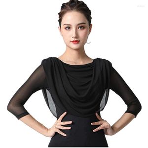 Stage Wear Women's Latin Dance Clothes Mid-Sleeve Mesh Modern Ballroom Crew Neck Exercise Top Ladys Professional Show Shirts