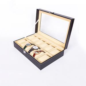 12 orologi per orologi marrone a griglia Display scatole di stoccaggio slot braccialette per portata di gioielli Regalo in fibra di carbonio alta