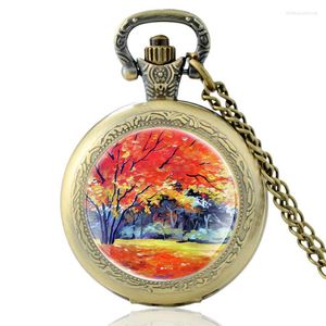 懐中時計秋の木の絵画デザインビンテージチャームクォーツウォッチメンズペンダントネックレス時間時計ギフト