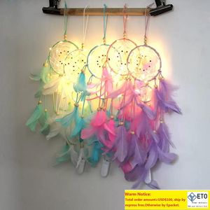 LED Light Arts and Crafts Catcher ręcznie robione pióra samochodowe domowe ścianę wisząca dekoracja ozdoby prezent Dreamcatcher wiatr