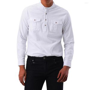 T-shirt da uomo 2022 manica lunga in cotone da uomo primavera autunno camicia da lavoro colletto alla coreana due tasche bottoni abito pullover top