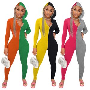 2024 Designer Hooded Jumpsuits Women One-pieces outfit Clothes Casual Patchwork Romper Pants Streetwear Long Sleeve Overalls Wholesale Fall winter clothing 9054