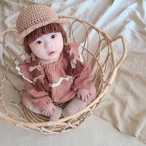 Hats Korean Style Children Baby Girl Hat Long Hair Braid Wig Cap Bow Princess Winter Warm Knitted Patchwork Kids Girls And Caps