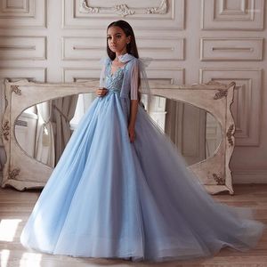 Girl Dresses Sky Blue Flower For Wedding V Neck Bling Beads Sequins Toddler Pageant Gowns Tulle First Communion Dress