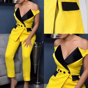Yellow Mother of the Bride Suits Off Shoulder 2 Pieces Women Prom Evening Formal Wear Tuxedos Blazer For Wedding