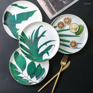 Plattor Green Leaf Design Dinner Plate European Style Ceramic Dish Ceries Pasta Fine Bone China Dish 8 Inch Dessert