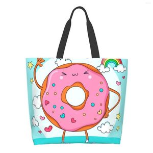 Torby do przechowywania Worek wielokrotnego użytku na ramię na płótnie torba na zakupy TOTE for Women Beach School Casual Kawaii Cute Donut