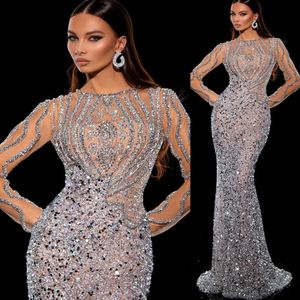 2023 Arabische Aso Ebi Silver Mermaid Prom Dresses kristallen sexy avond formeel feest tweede receptie verjaardag verlovingsjurken jurk zj603
