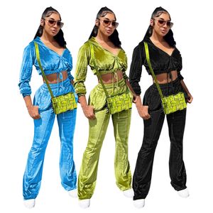 Designer Velvet Tracksuits Women Two Piece Set Fall Winter Sweatscts Lång ärmjacka Crop Top och Flare Pants Outfits Casual Sportswear Wholesale Clothes 8787