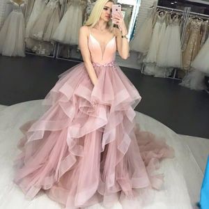 Spaghetti Strip Ball Gown Prom Dresses Ruffles Sweep Train Tulle Formal Long Women Plus Size Evening Party Gowns Special Occasion Gowns