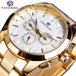 cwp Forsining Golden Men Mechanical Watch Fashion 3 Dial Calendar Steel Band Business Gentleman Automatic Watches Clock Montre Hom300K