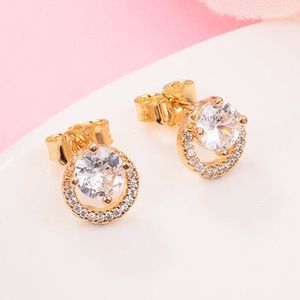 Shine Gold Plated Sparkling Round Halo Stud Earrings Fits European Pandora Style Jewelry Fashion Earrings