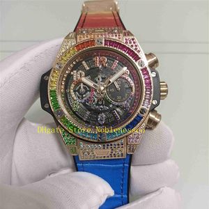 Real Po Men's Chronograph Watches Mens King Rose Gold Rainbow 42mm Leather Rubber Strap Quartz Movement Diamond Sport Men 314R