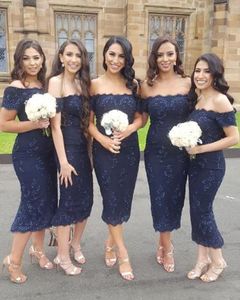 Navy Blue Country Bridesmaids Dresses Off The Shoulder Beaded Wedding Guest Dress Appliqued Tea Length Cheap Maid Of Honor Gowns Tea-Length