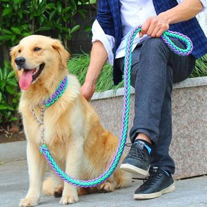 Dog Collars Double Strand Rope Large Leashes Metal P Chain Buckle Contrast Colorful Pet Traction Collar Set Firm 1.2m Length