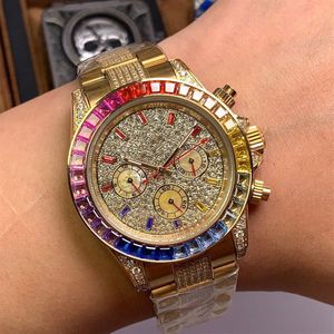 Titta på Mens Watches Rainbow Diamond Automatic Mechanical Watch 43mm rostfritt stål Rem Sapphire Ring Design Montre de Luxe2421