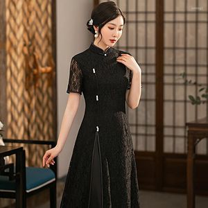 Повседневные платья с коротким рукавом черный a-line Женщины Крушяние китайское платье Qipao для улучшения формального платья Aodai Cheongsam Full Slip Vestidos