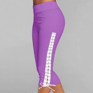 Women's Leggings Women Sporty Pants Solid Color Breathable Side Lace Up Hollow Out Bottoms High Waist Slim Capri Elastic Bandage