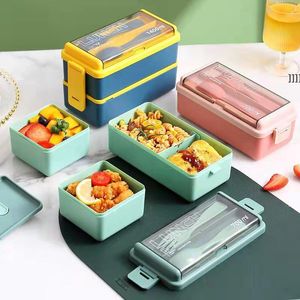 Doppelstöckige Bento-Box mit Geschirr, japanischer Stil, für Schule, Arbeit, mikrowellengeeignet, versiegelt, geteilte Lunchboxen aus Kunststoff, für die Küche, Lebensmittelaufbewahrung