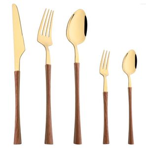 Dinnerware Sets Stainless Steel Cutlery Set Gold Imitation Wood Handle Flatware Dinner Knife Fork Spoon Tableware Kitchen Silverware