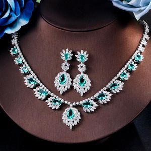 Halsbandörhängen Set Threegraces Luxurious Bridal Wedding Party Jewelry for Women Elegant Light Green CZ Drop Accessories TZ670