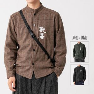 Men's Casual Shirts MrGB Woolen Large Size Men's Loose Stand Collar Chinese Plaid Character Blouses Vintage Long Sleeve Male Cardigan