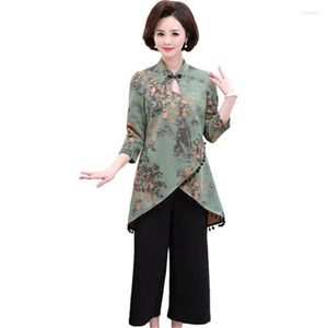Women's Tracksuits Graceful Spring Autumn Two Sets For Womens Loose Middle Lady Tops Wide Leg Pants Suits Chinese Cheongsam Collar Tassel