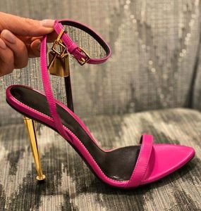 Padlock sandal women sexy high heeled shoes naked leather pump tom-sandal Padlocks embellished stiletto heel pointed toe Wedding party dress