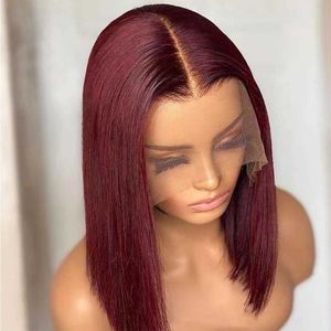 Perucas de renda quente curto bob front human pêlos para mulheres negras cor de cor da cor da bordô 99J Red Straight 13x4 AL 221216