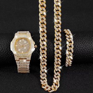 Luxury Men Watch Set Hip Hop Watches Necklace Bracelet Cuban Chain Gold Color Iced Out Paved Rhinestones Bling Jewelry Wristwatche276o