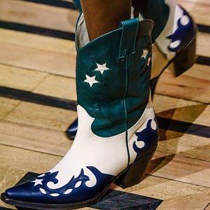 Boots Patchwork broderande banor Kvinnor pekade t￥ chunky h￤l blandade f￤rger glid p￥ v￤stra cowboy ankeltooties botas mujer 42