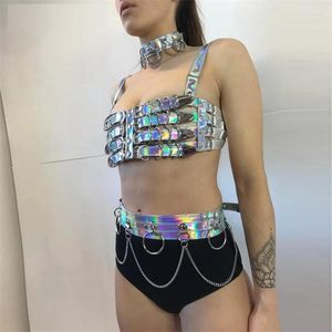 Bälten One Set Sexy Women Shiny Laser Pu Crop Tank Top Metal Chain Mini kjolar Set holografisk rygglös nattklubb