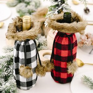 Buffalo Plaid Wine Bottle Cover Decorative Faux Fur Cuff Sweater Wine Bottle Holder Gift Bags Party Ornament RRA788