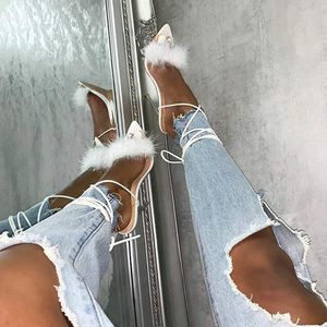 Sandali Nice Pink White Women Sexy Open Toe Furry Fur Summer Scarpe da spogliarellista da donna con tacco alto