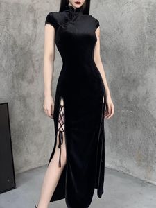 Sukienki imprezowe goty ciemne romantyczne gotyckie aksamitne estetyczne vintage kobiety czarne bandaż śluzowo -bodycon sukienka seksowna wieczór noszenie cheongsam