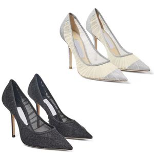 Elegant Bridal Wedding Dress Sandals Romy Brand Women's High Heel Shoes Mesh Fabric Shiny Pointed to Show Sexy Charm