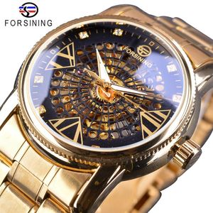 Forsining Royal Golden Skeleton Diamond Display Orologio da polso creativo trasparente da uomo Orologio automatico in acciaio di lusso di marca superiore216n