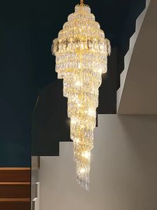 Lampadari di cristallo moderni Luci Apparecchio LED Lampadario a spirale lunga Lampada a sospensione di lusso americana Lampadario europeo brillante Droplight Casa Villa Loft Illuminazione delle scale