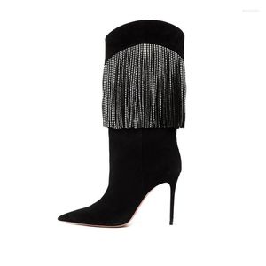 Buty rhinestone fringe wysokie obcasy seksowne spiczaste palec u nóg zamszowy środkowy cielę moda najemcy damskie buty sztyletowe poślizg na dużych rozmiarach