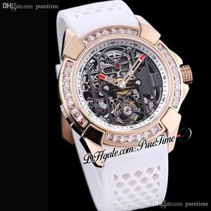 Epic-X EX100 43 LD OP ALD4AT Automatik-Tourbillon-Herrenuhr, 44 mm, Roségold, Baguette-Quadratschliff, Diamanten, Lünette, Skelett-Zifferblatt, Weiß245C